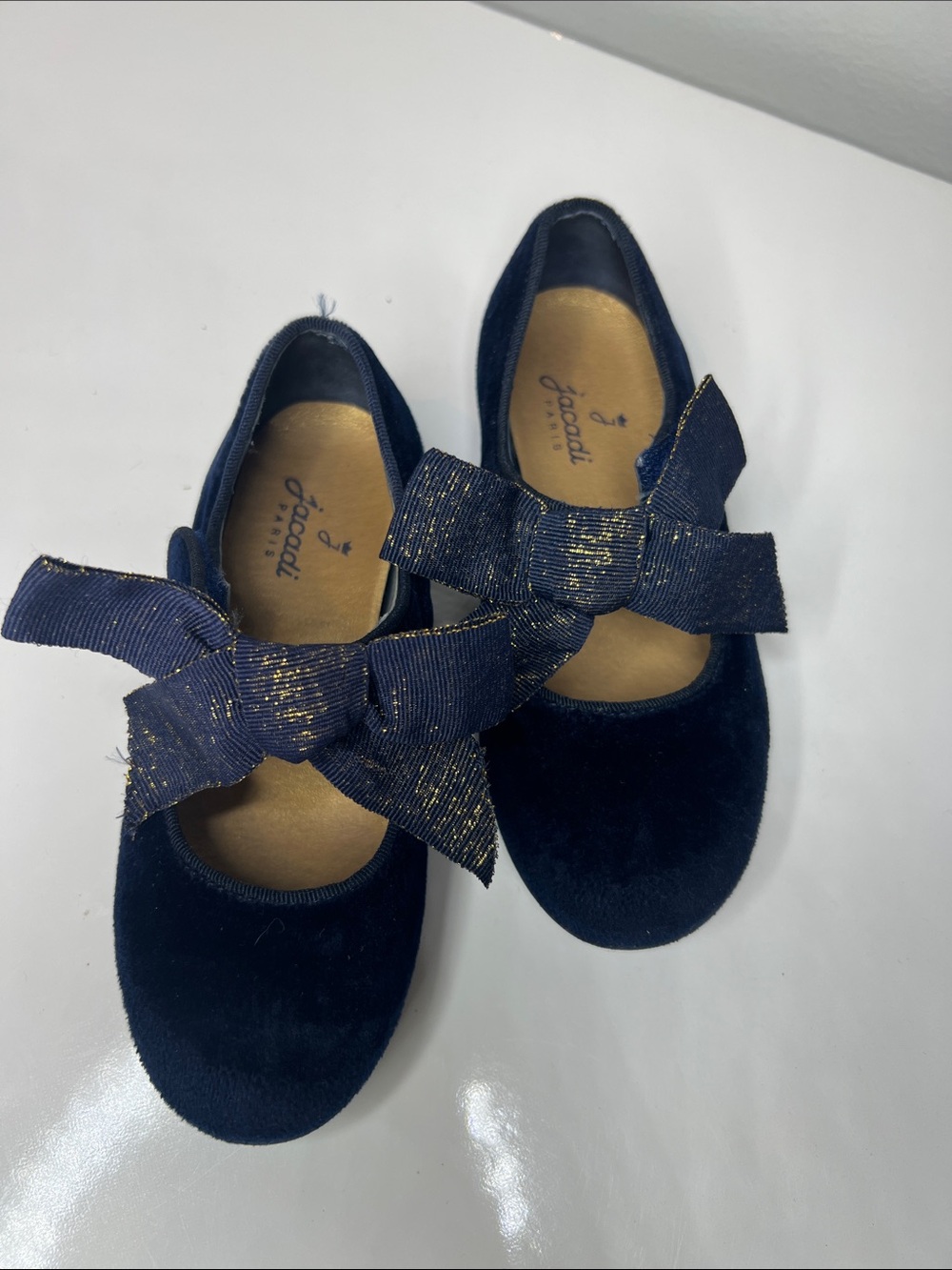 Jacadi Navy Velvet Mary Jane Shoes with Gold-Thread Bows